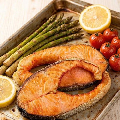 Thick cross-cut salmon steaks with creamy marbling on crushed ice