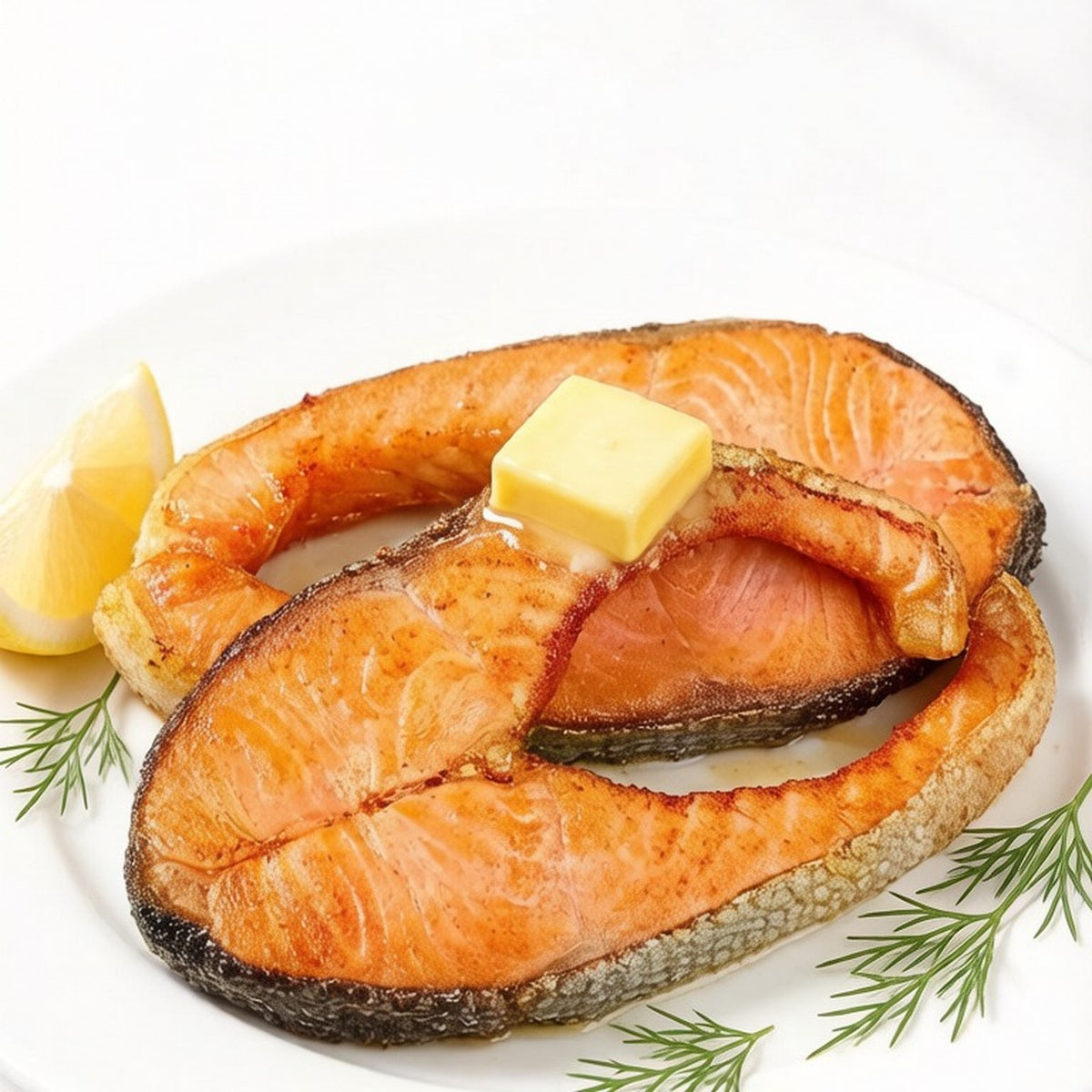 Thick cross-cut salmon steaks with creamy marbling on crushed ice