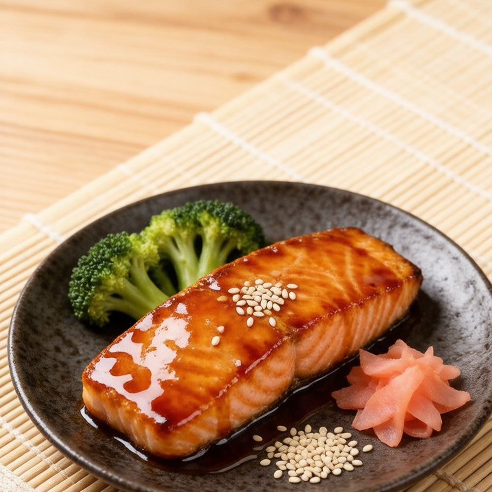 Thick cross-cut salmon steaks with creamy marbling on crushed ice