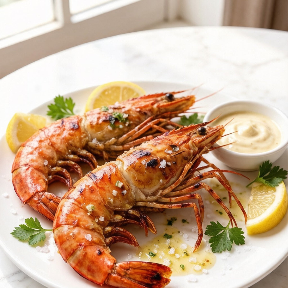 Large black tiger prawns with striped shells arranged over ice