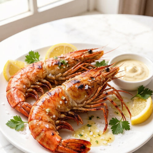 Large black tiger prawns with striped shells arranged over ice