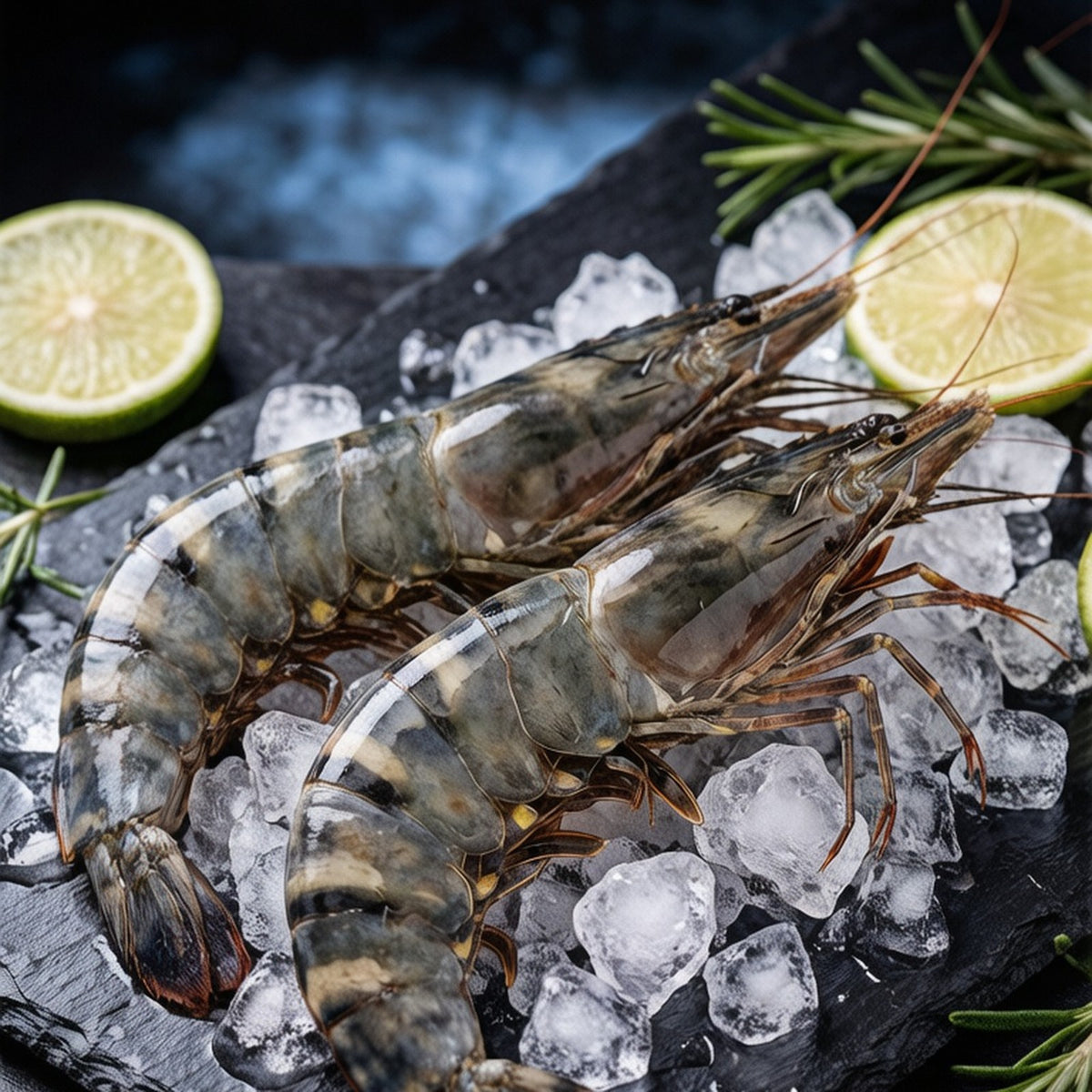 Large black tiger prawns with striped shells arranged over ice