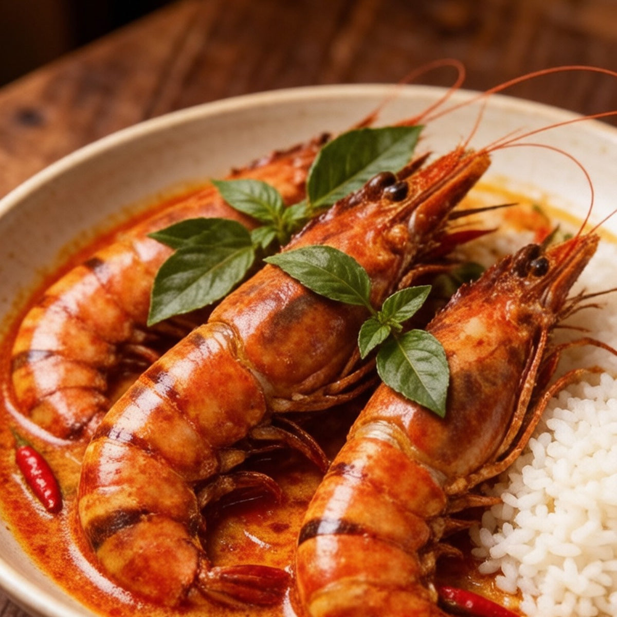 Large black tiger prawns with striped shells arranged over ice