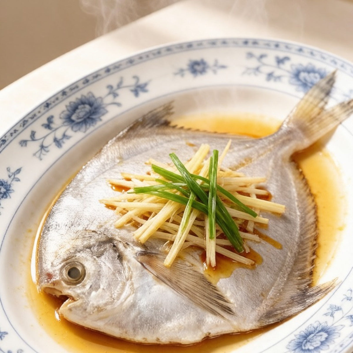 Silver pomfret with its flat diamond-shaped body on crushed ice