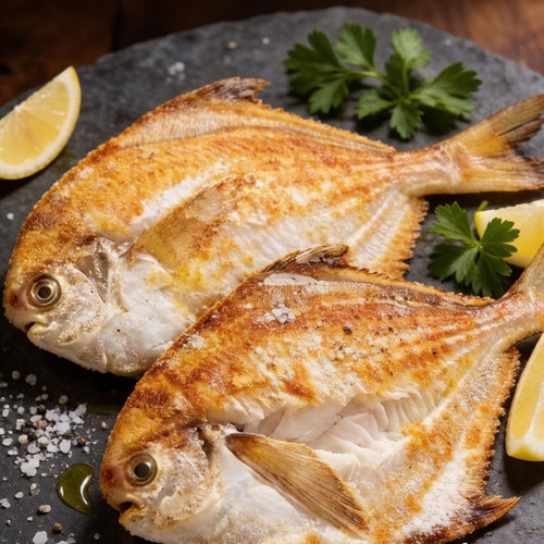 Silver pomfret with its flat diamond-shaped body on crushed ice