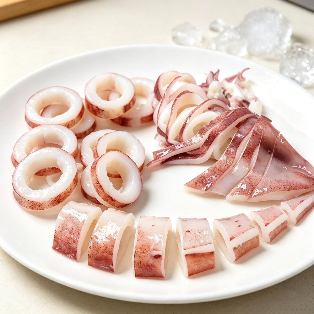 Whole cleaned squid with tentacles arranged on a bed of ice