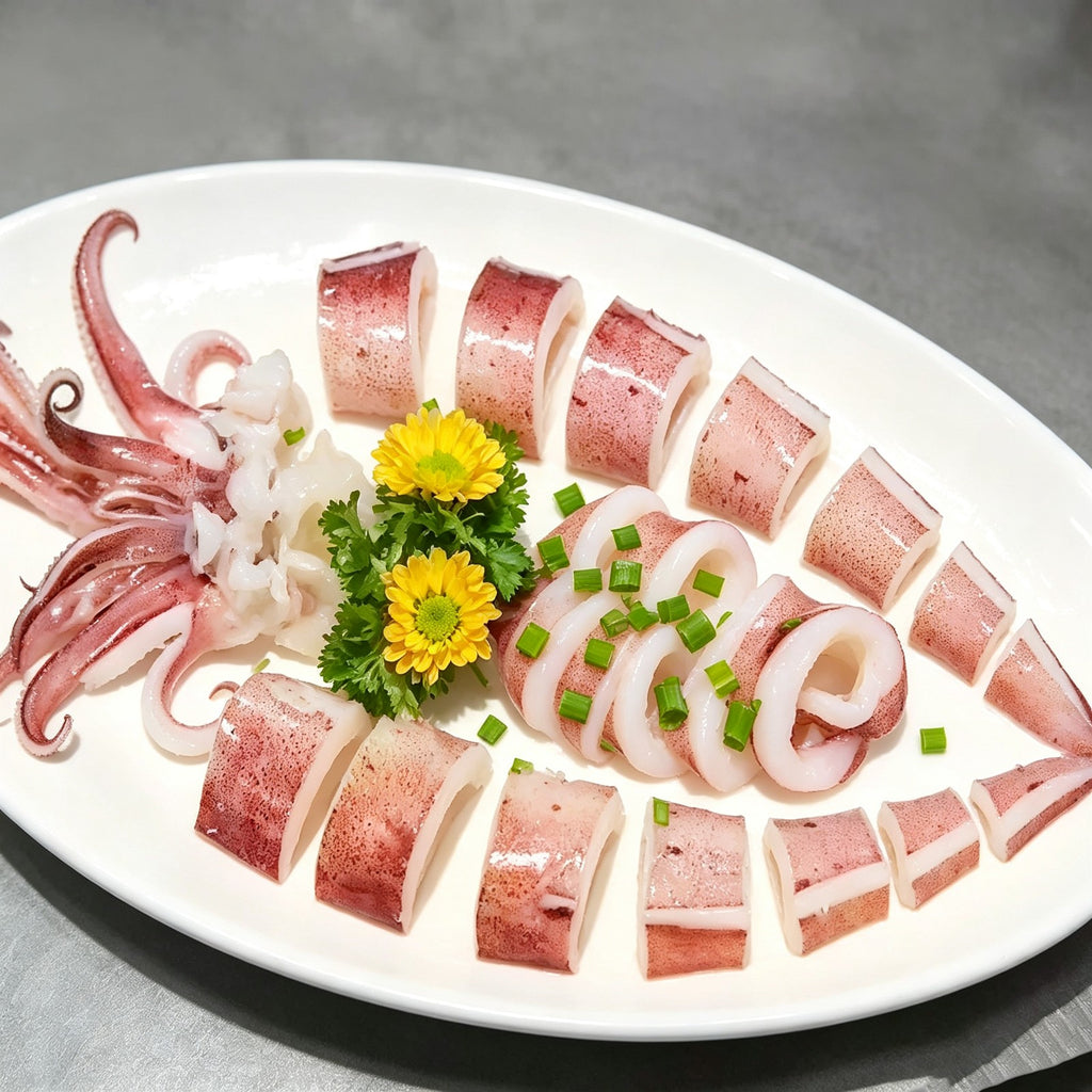 Whole cleaned squid with tentacles arranged on a bed of ice