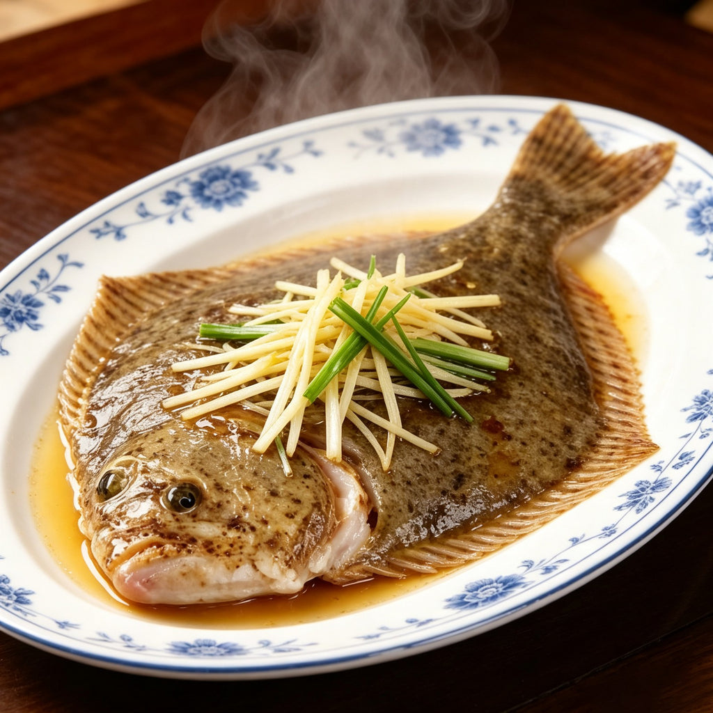Whole flat-bodied turbot with mottled skin on a serving plate