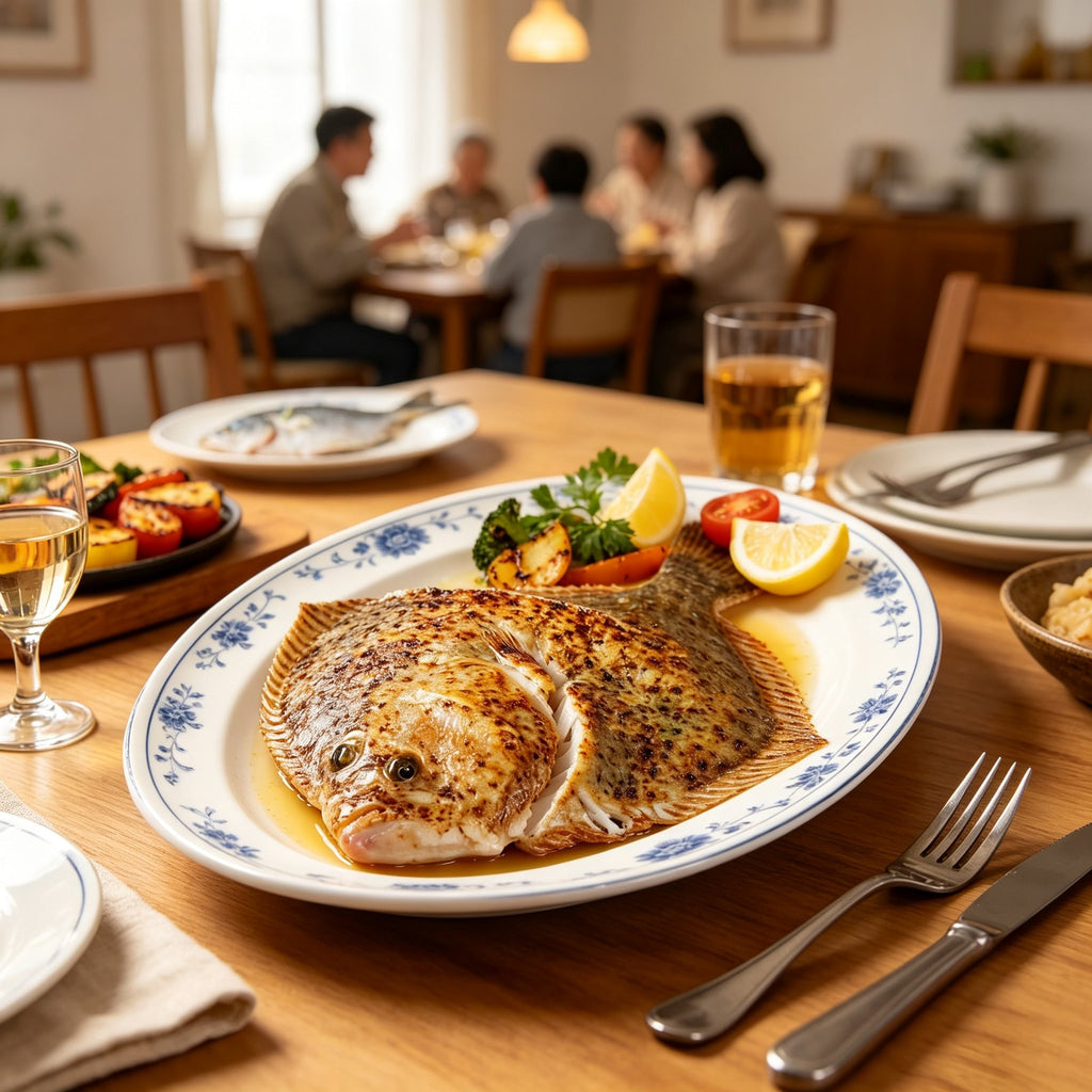 Whole flat-bodied turbot with mottled skin on a serving plate
