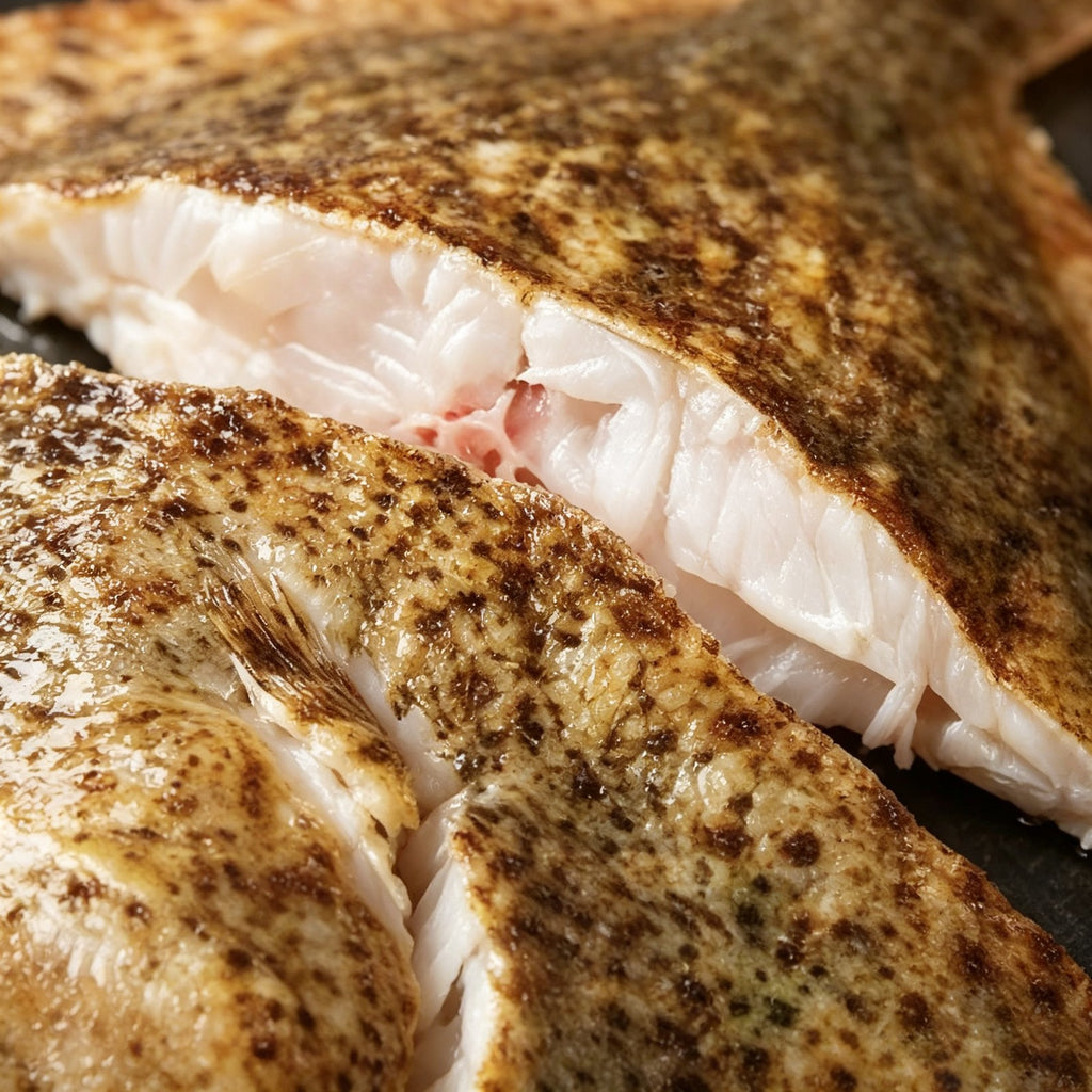 Whole flat-bodied turbot with mottled skin on a serving plate
