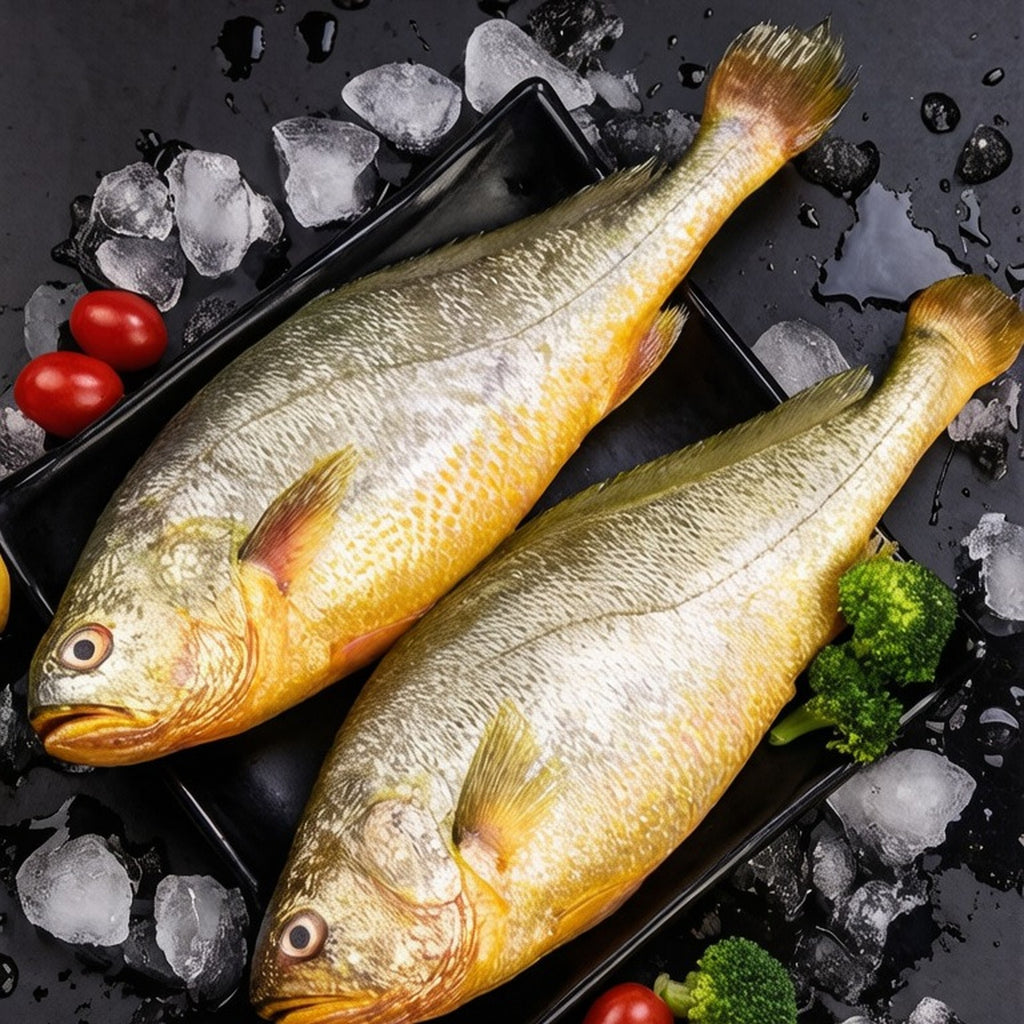 Whole golden-skinned yellow croaker resting on crushed ice