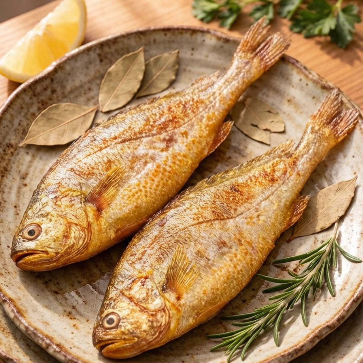 Whole golden-skinned yellow croaker resting on crushed ice